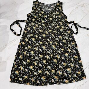 Vintage National Dress Small Black Floral Cotton Dress Button Front Tie Cottage